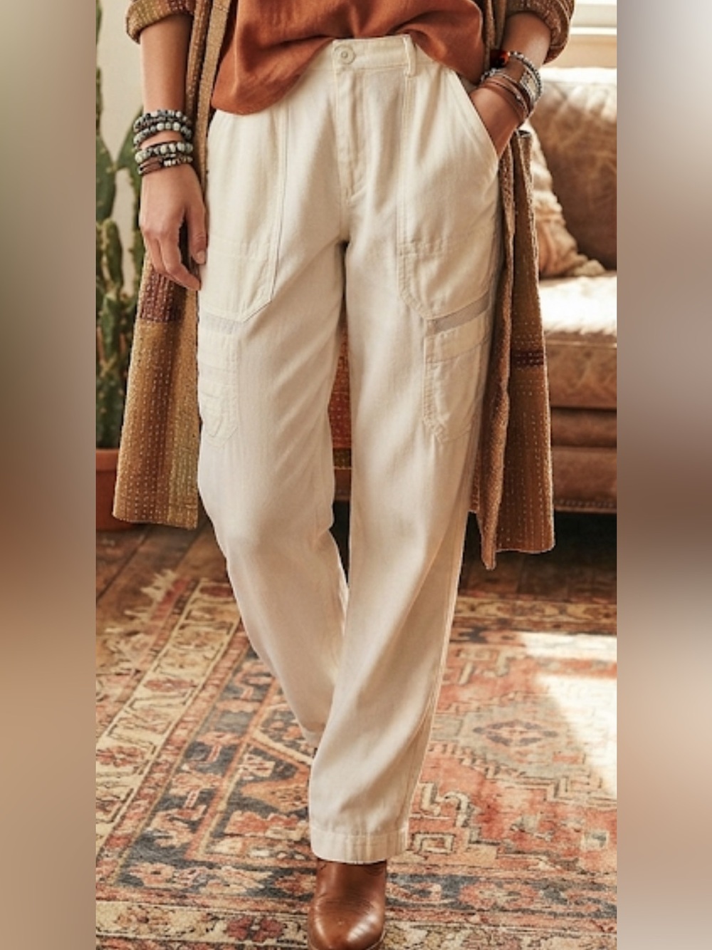Maeve Utility Trousers Satin Cream Cropped Pants Size 12